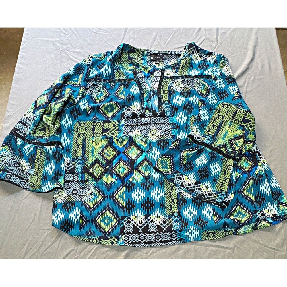 N Touch Women XL Blue Green Geometric Aztec Knit Split Neck 3/4 Tunic Top